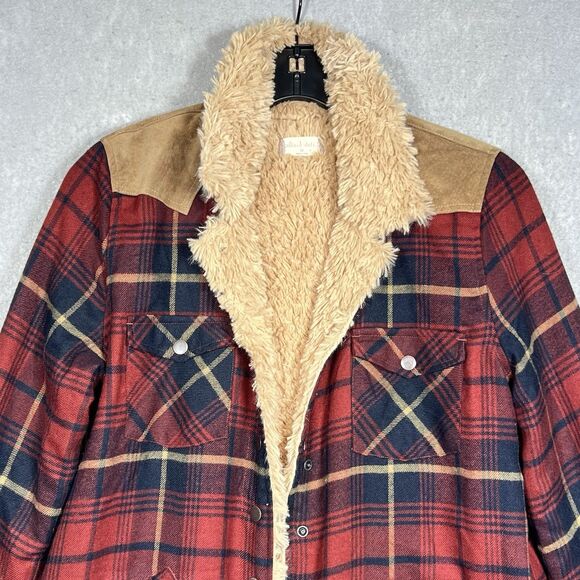 Altar’d State Jacket Women’s Medium Sherpa Lined Burgundy Plaid Coat Snap Button - Picture 2 of 12